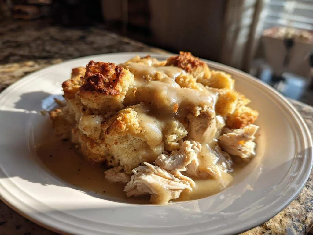 A hearty serving of crock pot chicken and stuffing topped generously with creamy brown gravy on a white plate.