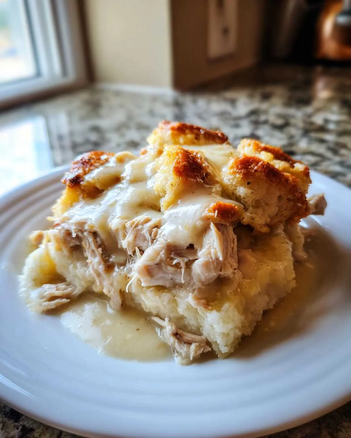 A serving of moist crock pot chicken and stuffing topped with creamy gravy and browned stuffing cubes.