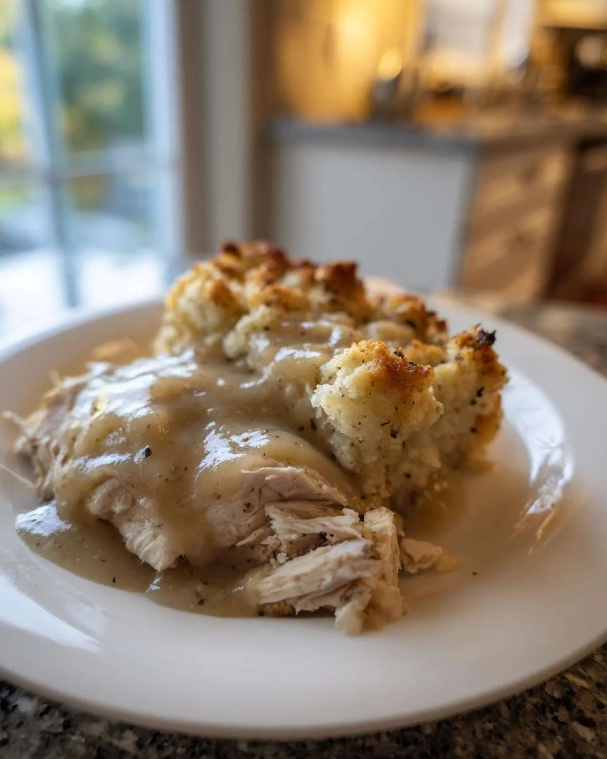 Close-up of shredded chicken and stuffing topped with gravy, ready to eat from the crock pot chicken and stuffing recipe.
