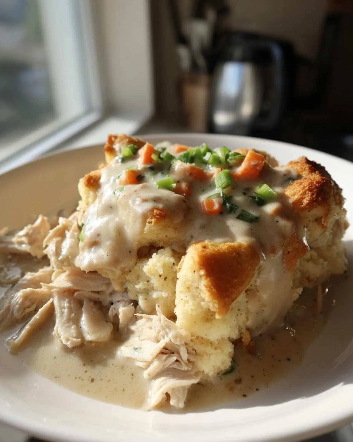 A plate featuring a serving of crock pot chicken and stuffing topped with creamy gravy, carrots, and green onions.