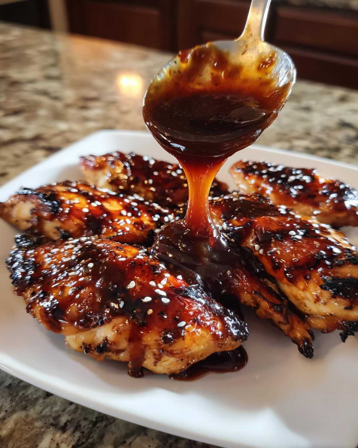 A spoonful of thick, glossy homemade teriyaki sauce is drizzled over grilled chicken wings sprinkled with sesame seeds.