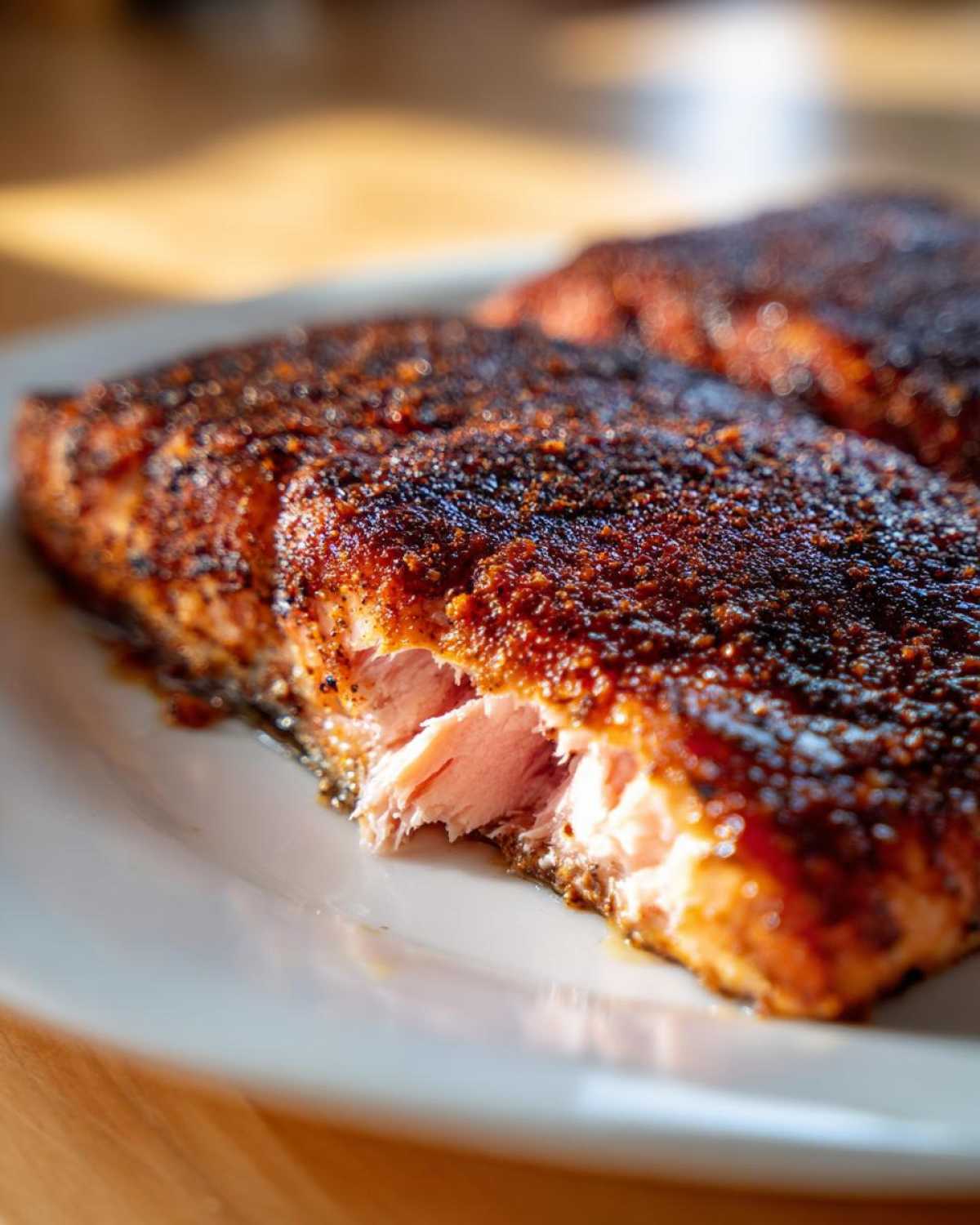 Close-up of a perfectly cooked blackened salmon fillet showing the flaky pink interior and dark spice crust.