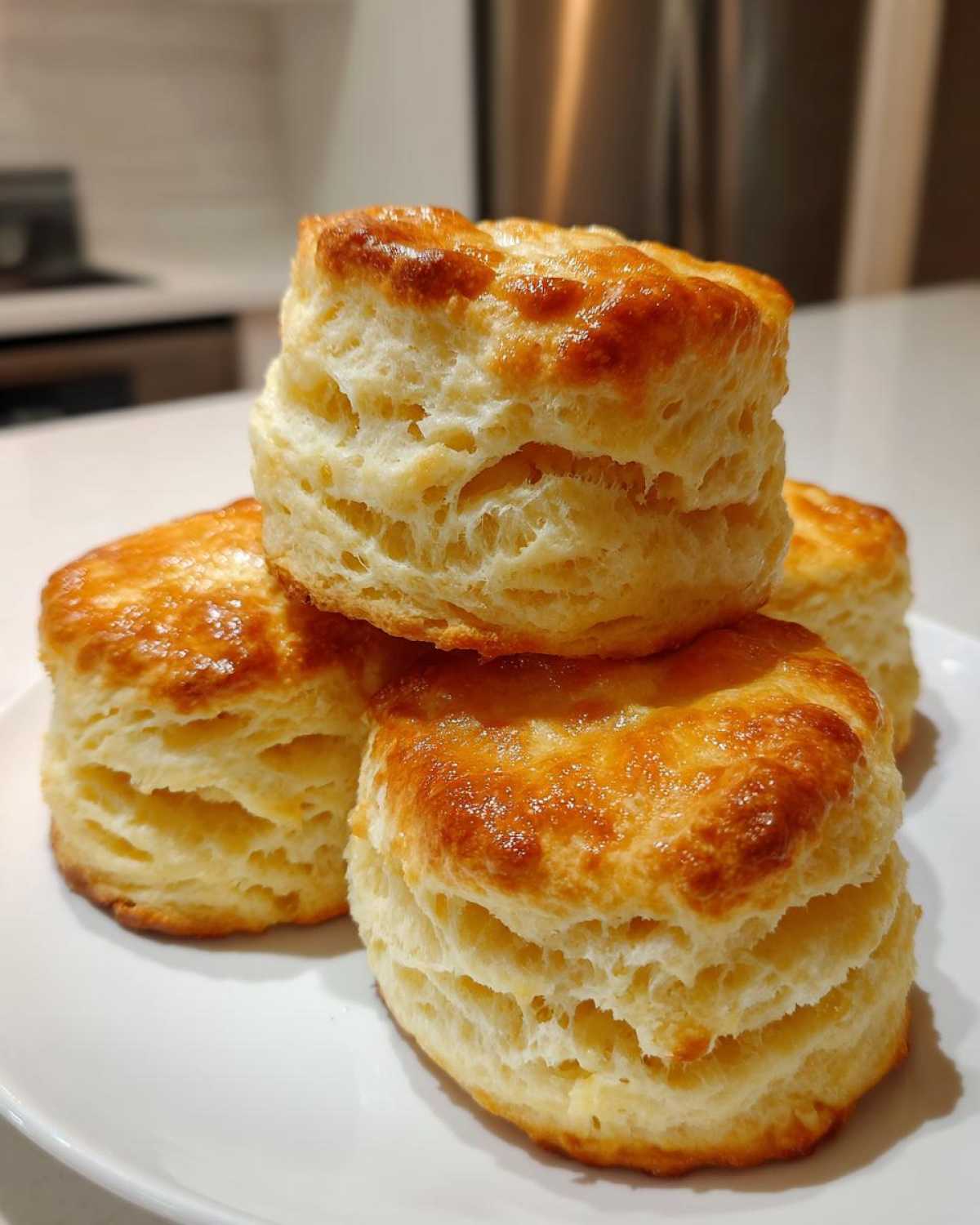 A close-up stack of four golden-brown, flaky buttermilk biscuits resting on a white plate.