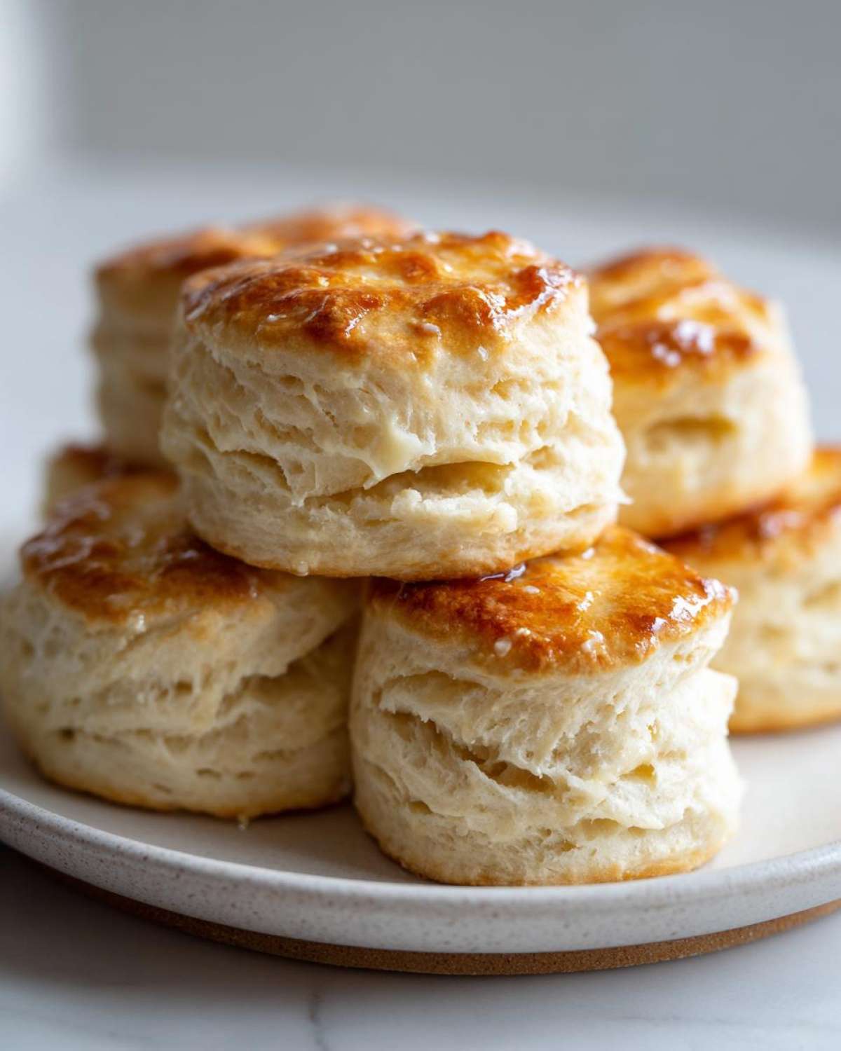 A stack of freshly baked, flaky buttermilk biscuits with golden brown, glossy tops.