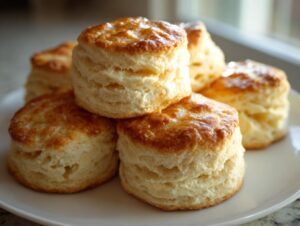 A close-up stack of several golden-brown, flaky buttermilk biscuits resting on a white plate.