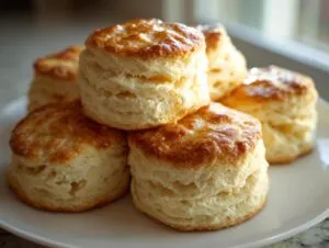 A close-up stack of several golden-brown, flaky buttermilk biscuits resting on a white plate.