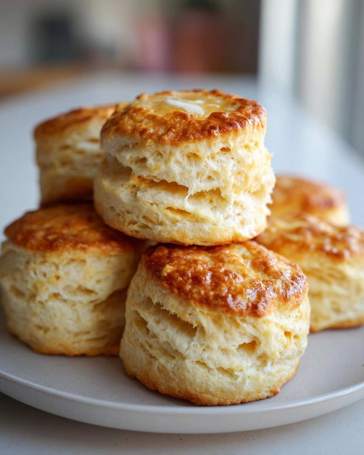 A stack of golden-brown, flaky buttermilk biscuits served on a light plate with melting butter on top.