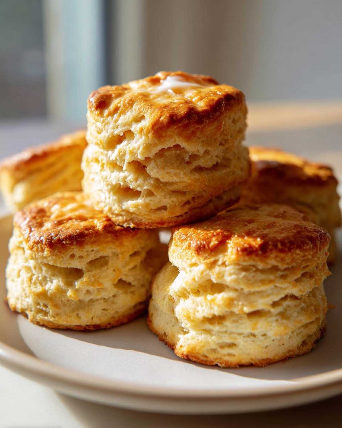 A stack of four golden-brown, flaky buttermilk biscuits piled on a light-colored plate.