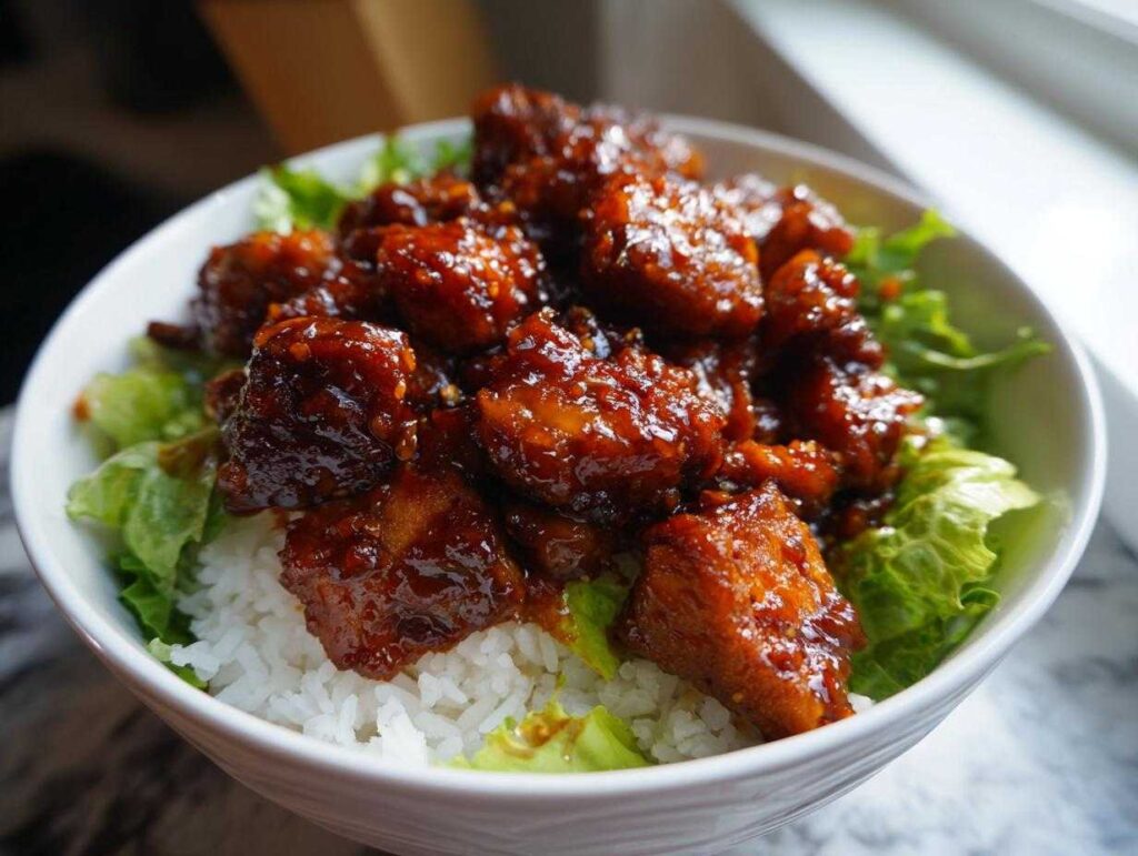 Close-up of a white bowl filled with white rice, lettuce, and topped generously with glossy, glazed harissa chicken pieces.