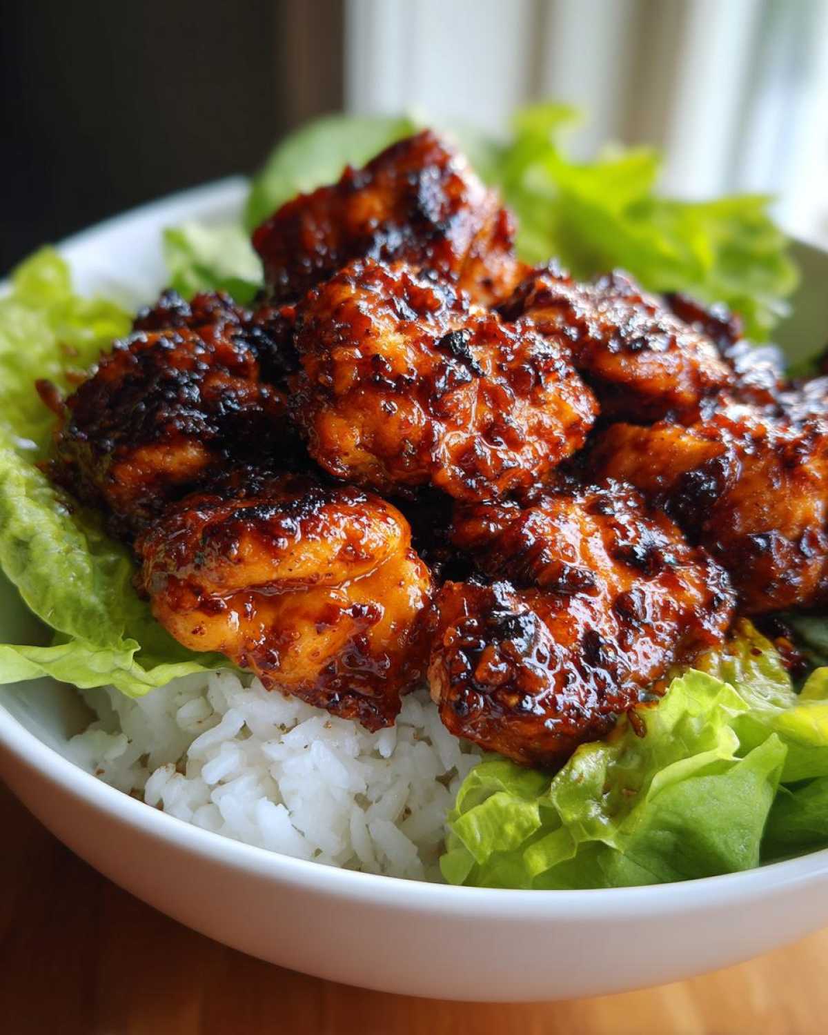 Close-up of glazed, saucy harissa chicken pieces served over white rice and crisp lettuce in a white bowl.