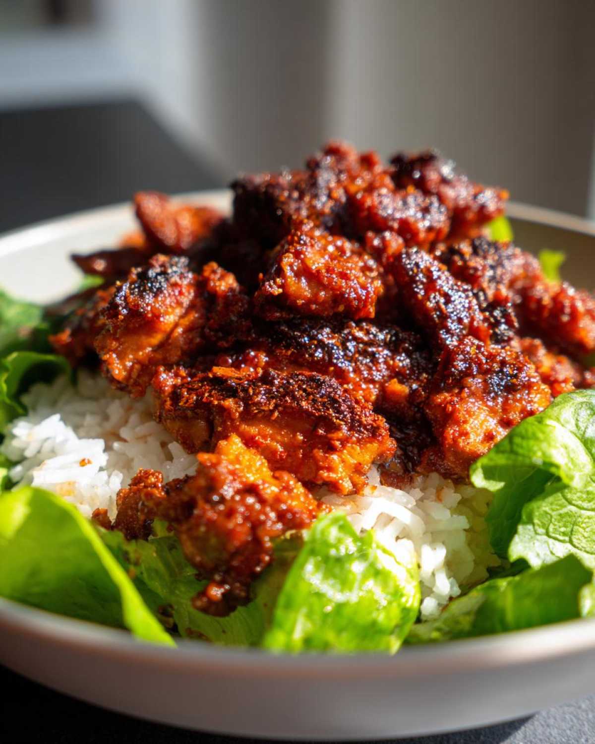 Close-up of a bowl featuring spicy, caramelized harissa chicken pieces served over white rice and fresh green lettuce.