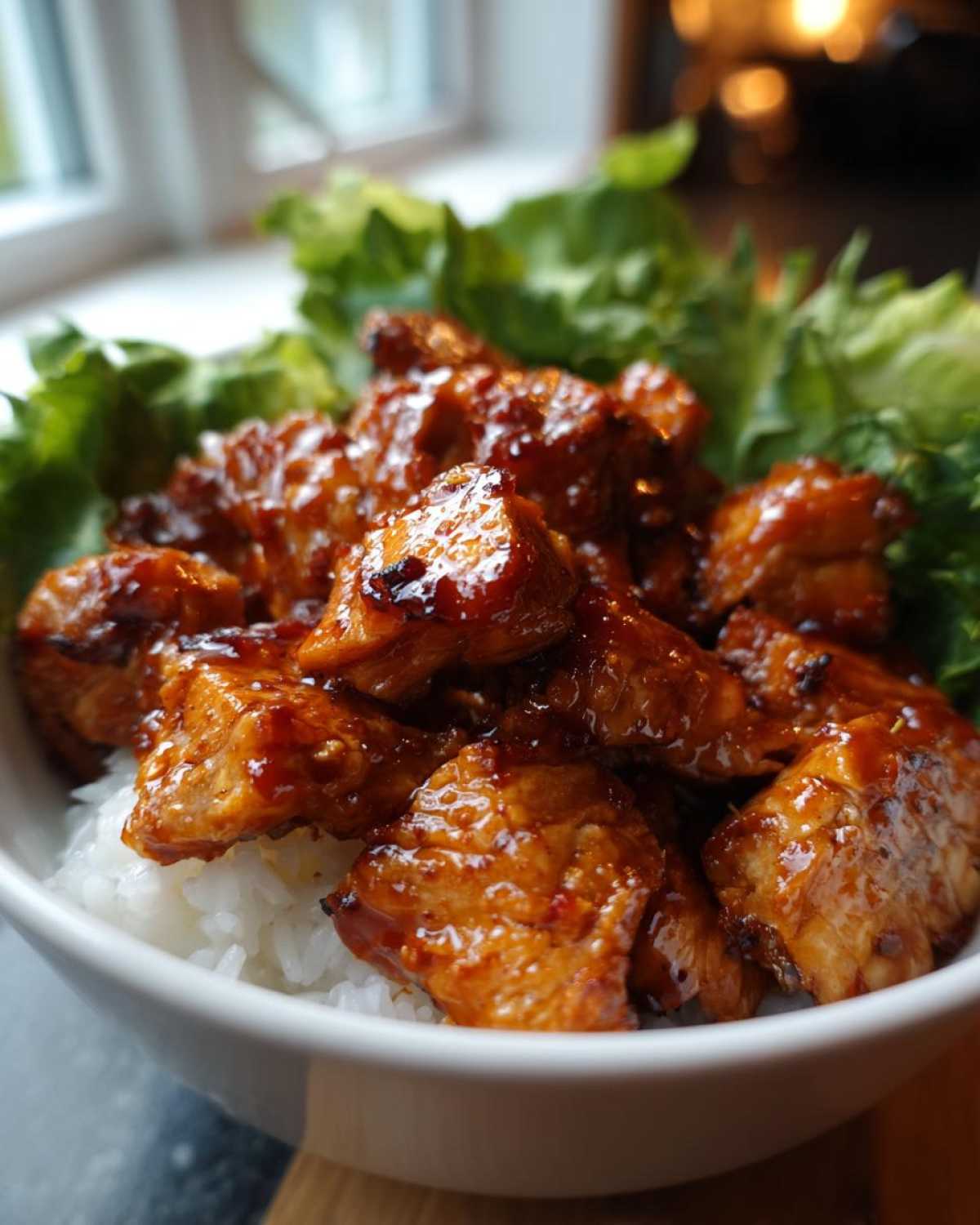 Close-up of a white bowl filled with white rice topped with glossy, glazed harissa chicken pieces and fresh lettuce.