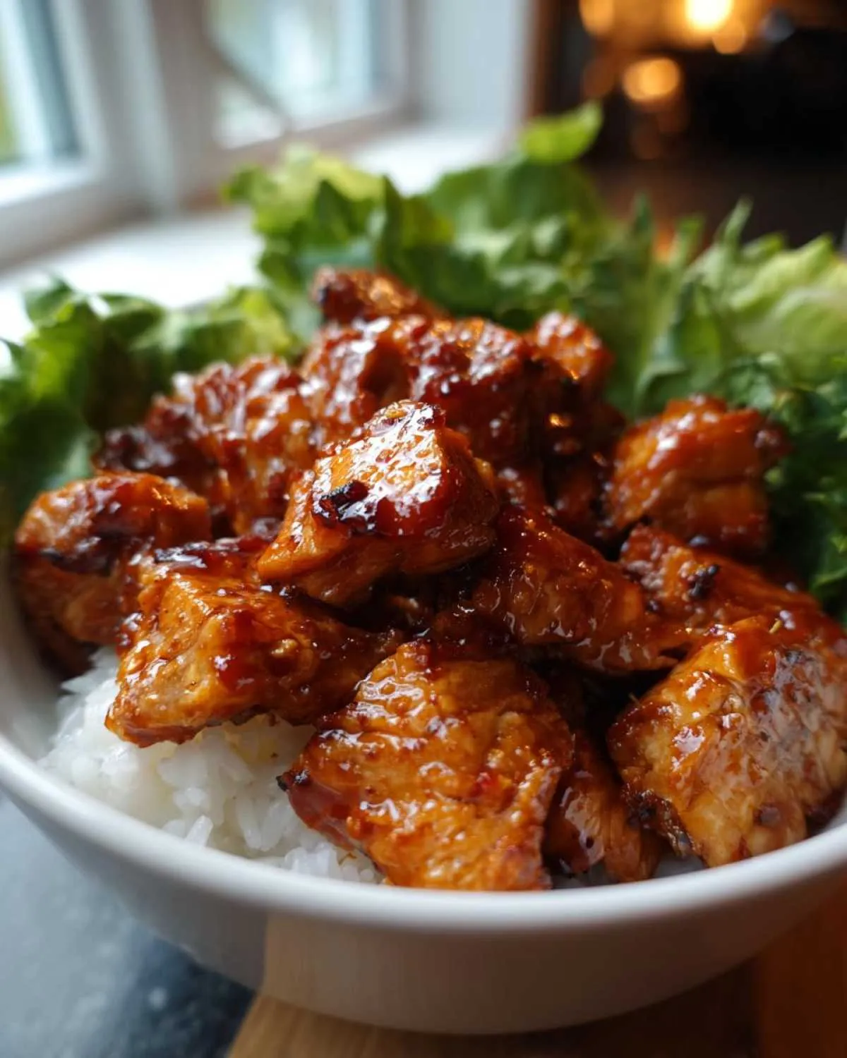 Close-up of a white bowl filled with white rice topped with glossy, glazed harissa chicken pieces and fresh lettuce.