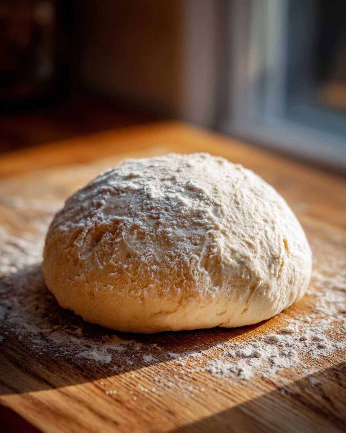 A round ball of raw pizza dough dusted with flour resting on a wooden cutting board.