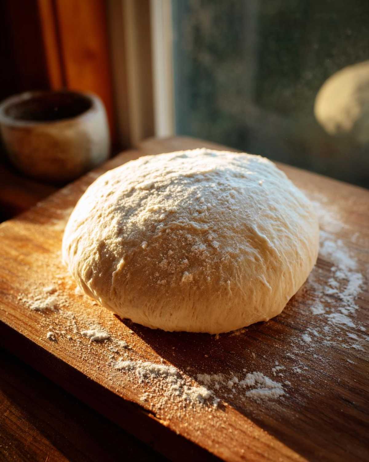 A round, floured ball of freshly made pizza dough resting on a wooden board in warm sunlight.