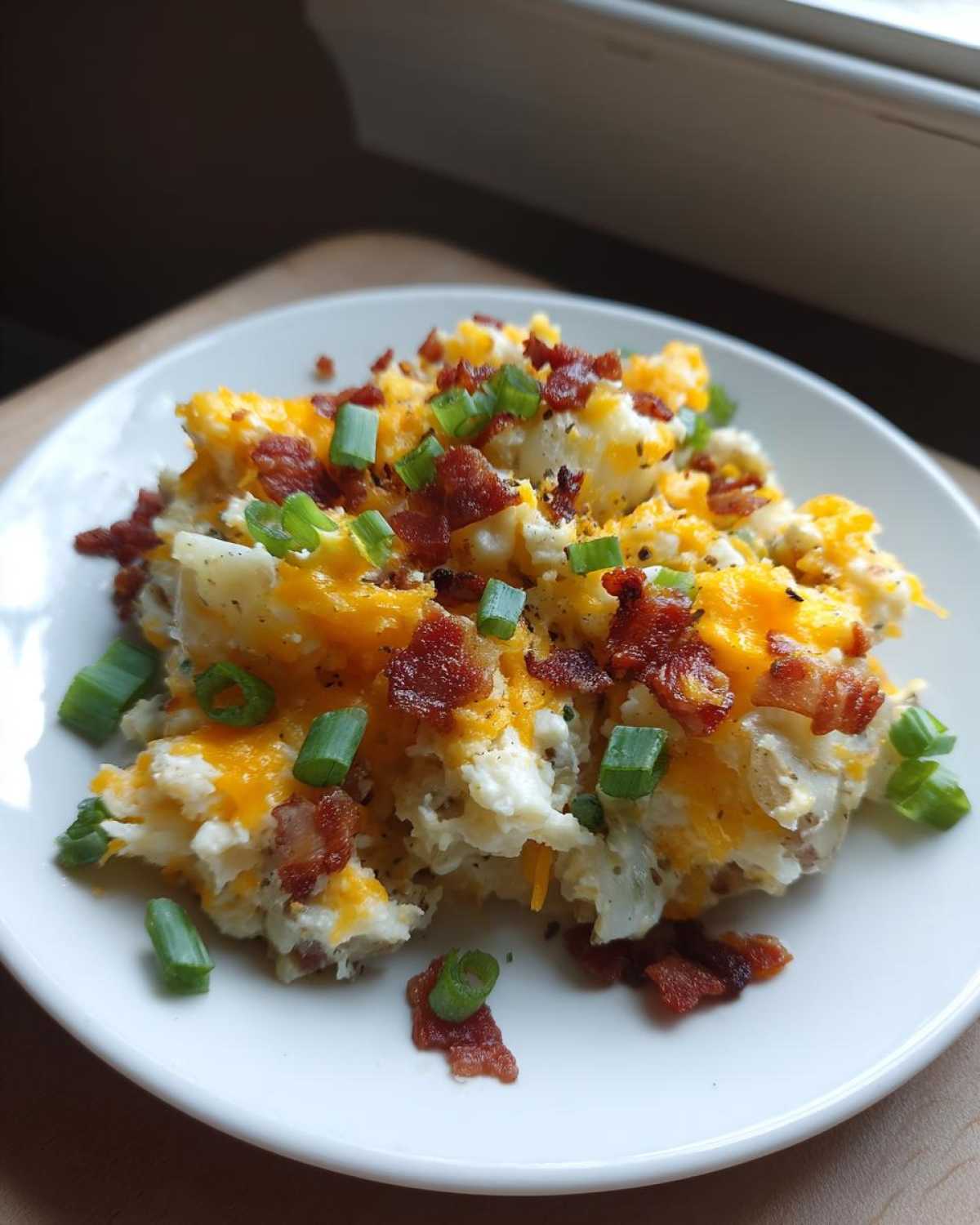 A serving of fluffy baked potato salad topped with melted cheddar cheese, bacon bits, and green onions.