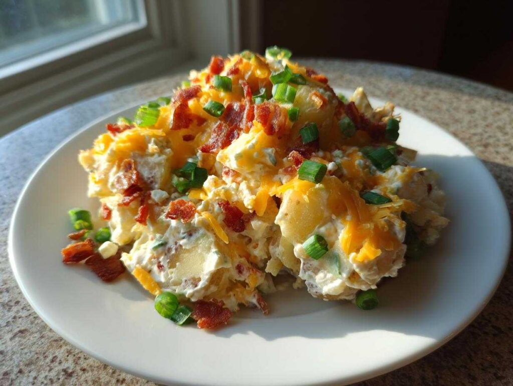 A mound of fluffy baked potato salad topped generously with shredded cheddar cheese, bacon bits, and green onions.