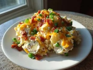 A mound of fluffy baked potato salad topped generously with shredded cheddar cheese, bacon bits, and green onions.