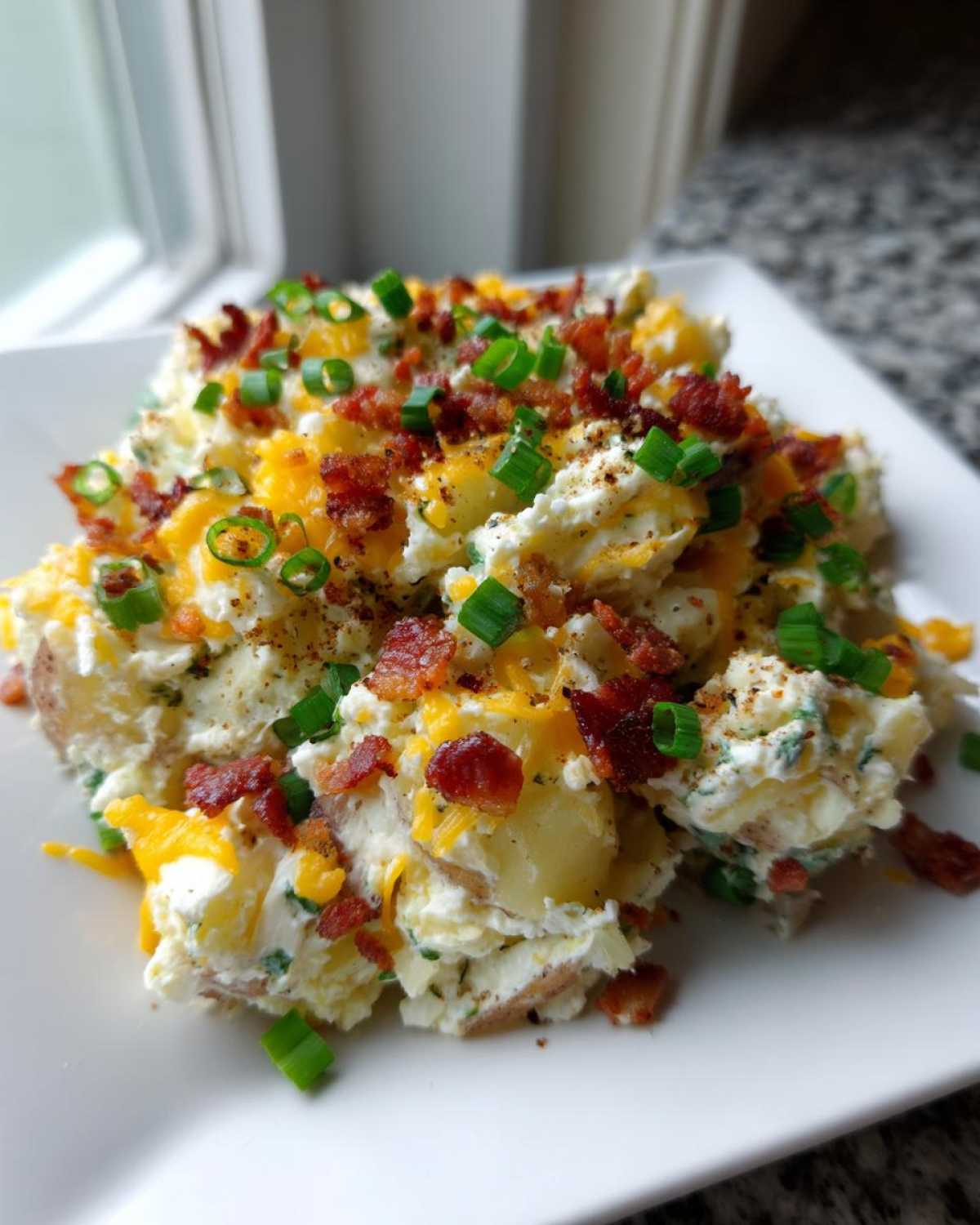 A serving of fluffy baked potato salad topped generously with shredded cheddar, bacon bits, and green onions.