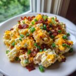 A serving of fluffy baked potato salad topped generously with shredded cheddar, crispy bacon bits, and fresh green onions.
