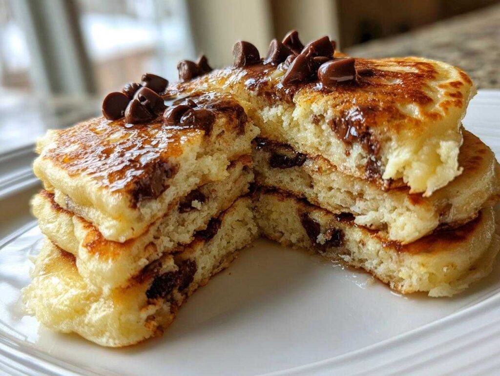 A stack of fluffy chocolate chip pancakes cut in half, showing melted chocolate chips inside and topped with more chips and syrup.