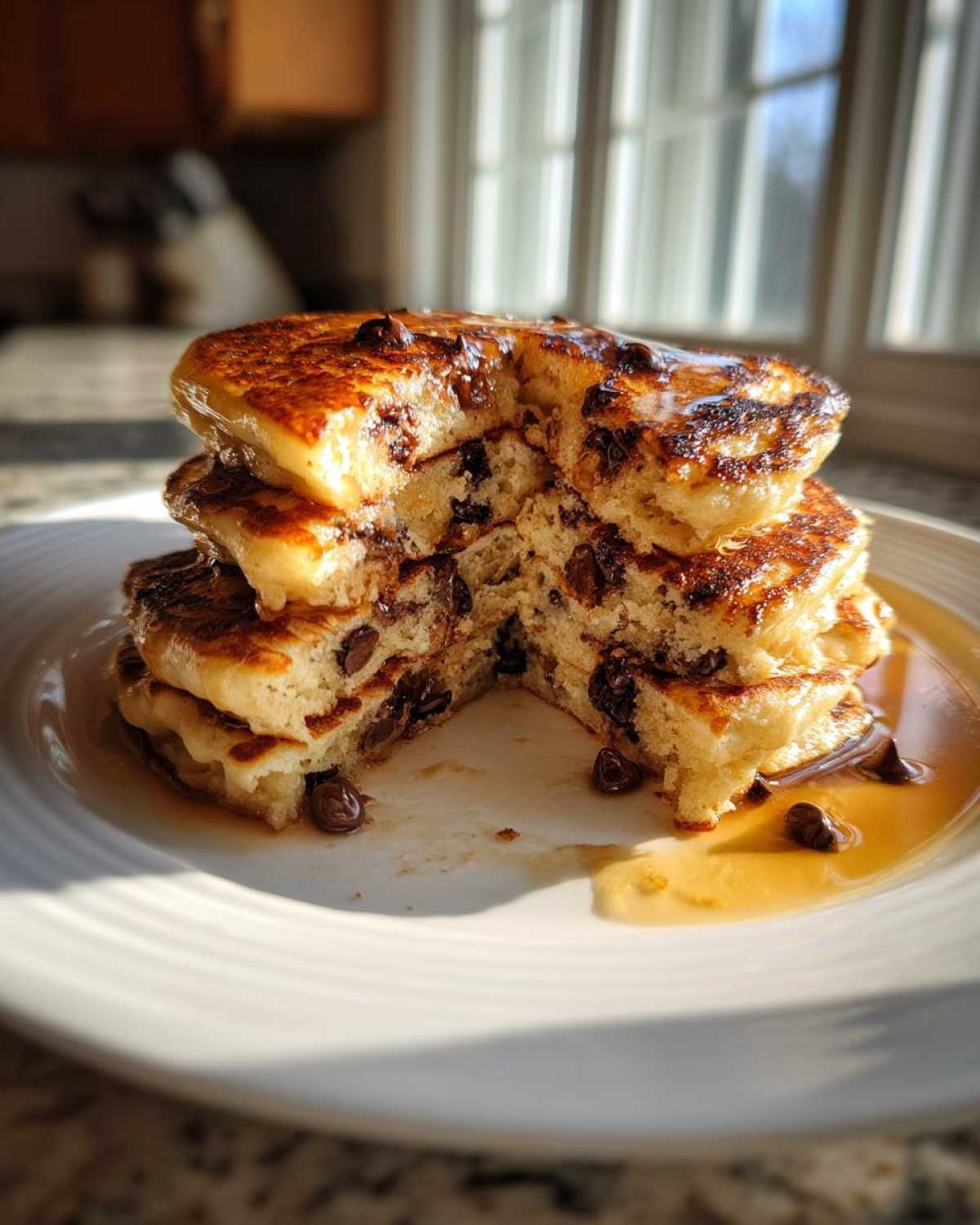 A stack of fluffy chocolate chip pancakes with a piece cut out, drizzled generously with maple syrup.