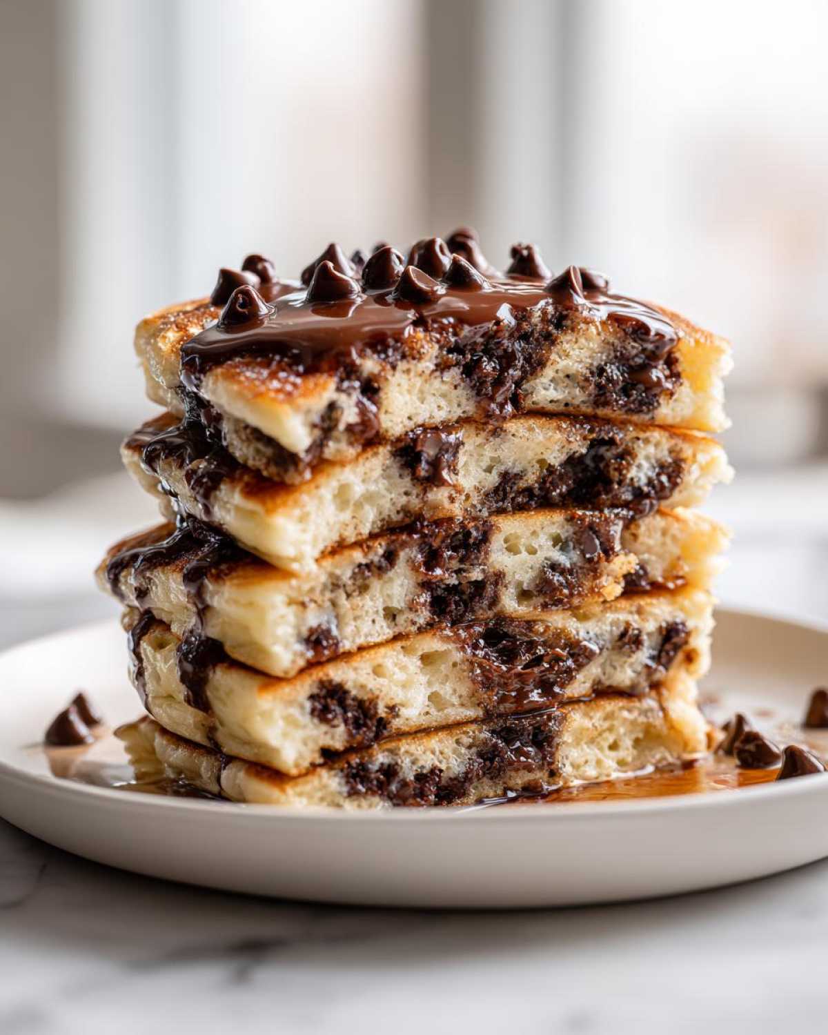 A tall stack of fluffy chocolate chip pancakes cut in half, drizzled with melted chocolate sauce and topped with chips.