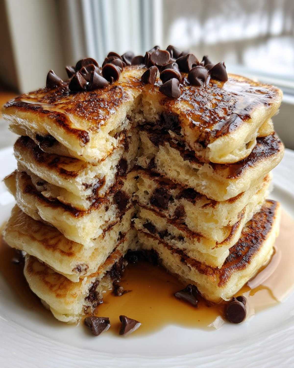 A tall stack of fluffy chocolate chip pancakes, cut open to show melted chocolate chips inside, drizzled with syrup.