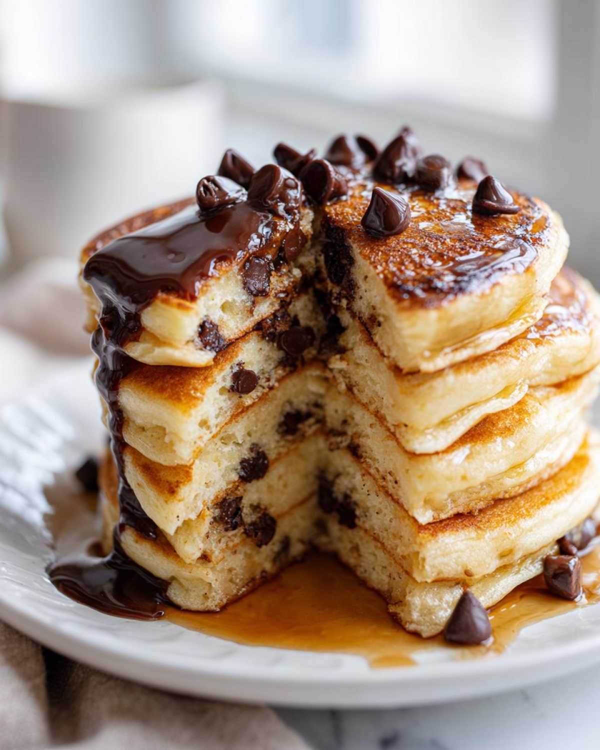 A tall stack of fluffy chocolate chip pancakes, drizzled with chocolate sauce and syrup, with a slice cut out.
