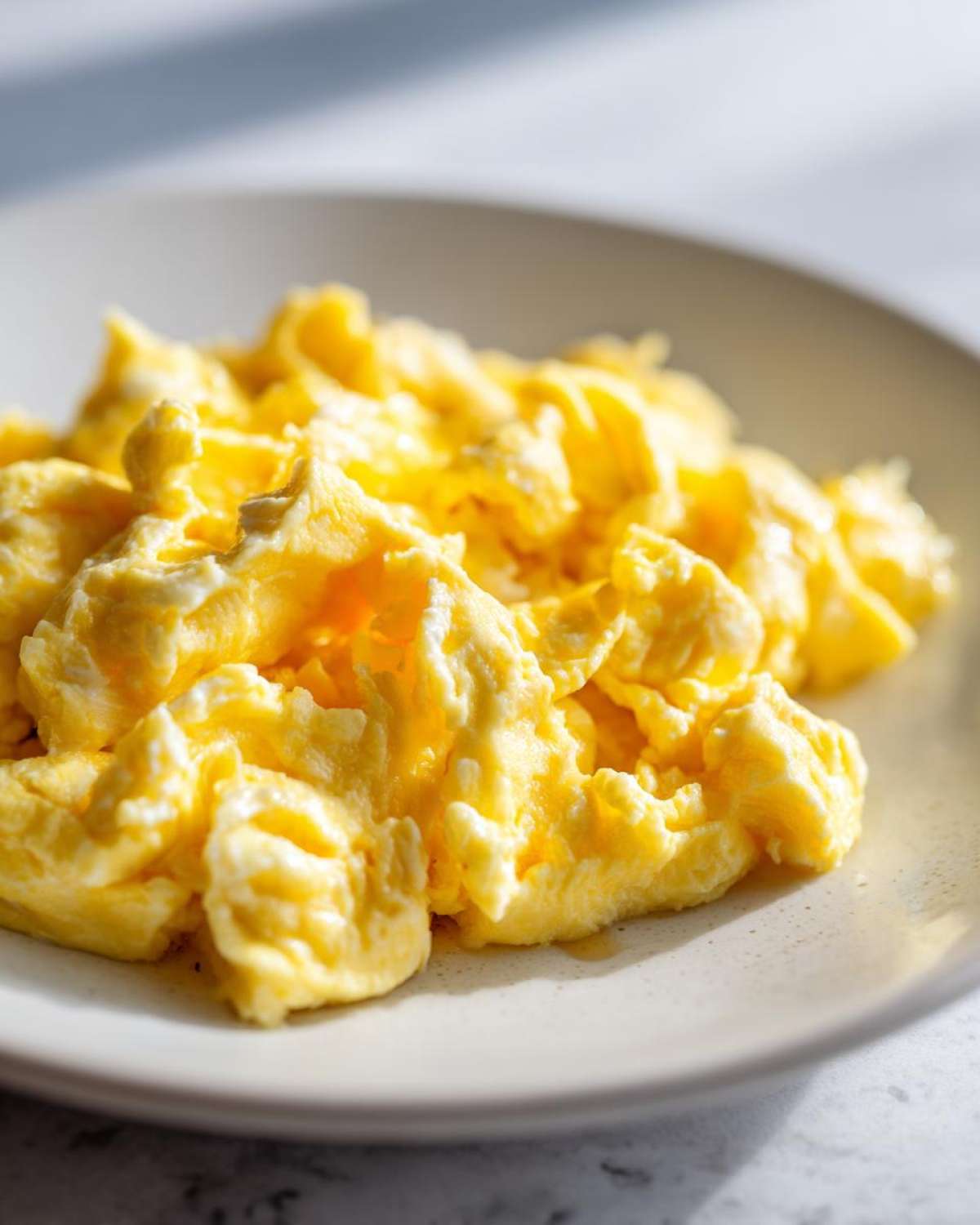 Close-up of perfectly fluffy scrambled eggs showing soft, creamy curds on a light-colored plate.