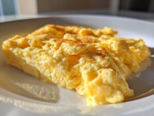 Close-up of incredibly fluffy scrambled eggs with soft curds served on a bright white plate.
