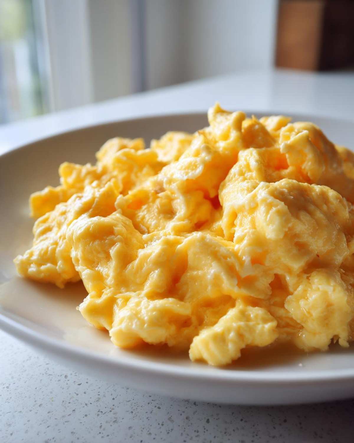 Close-up of creamy, fluffy scrambled eggs served on a white plate, highlighting their texture.