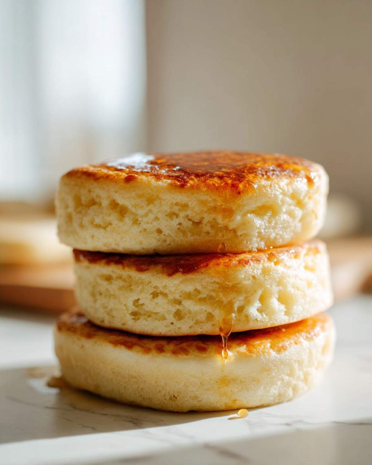 A close-up stack of three thick, fluffy sourdough discard pancakes drizzled with syrup.