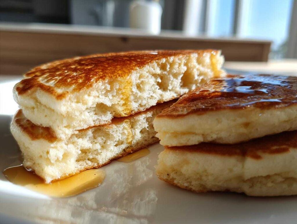 Close-up of fluffy sourdough discard pancakes stacked and drizzled with maple syrup on a white plate.