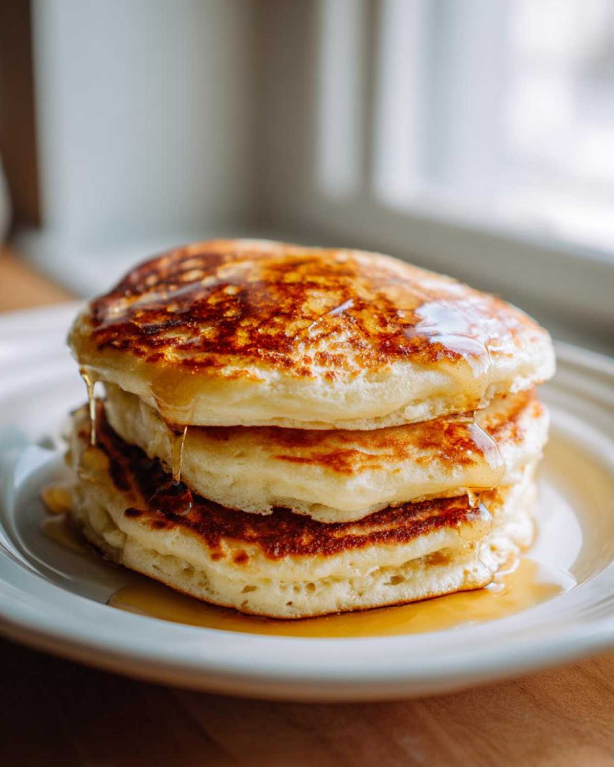 A stack of three thick, fluffy sourdough discard pancakes drizzled with golden syrup.