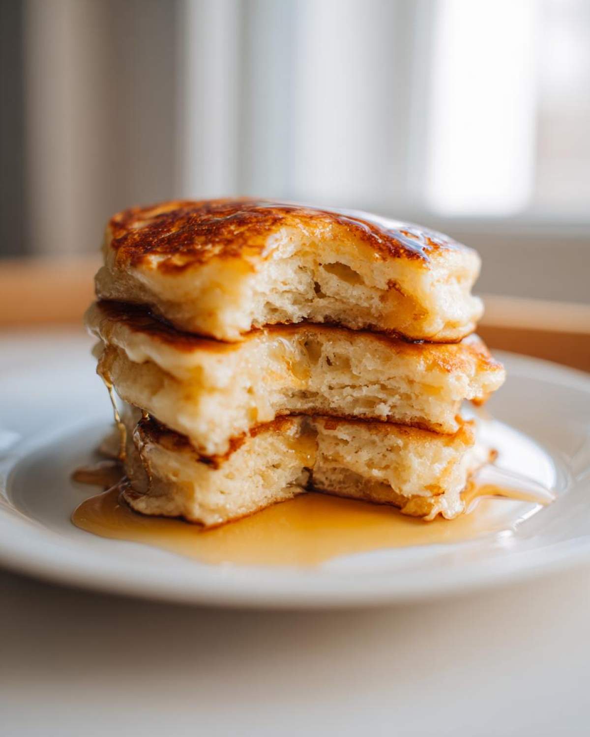 Close-up of a stack of three fluffy sourdough discard pancakes with a bite taken out, drizzled with syrup.