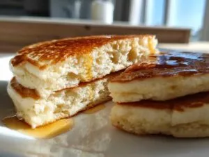 Close-up of fluffy sourdough discard pancakes stacked and drizzled with maple syrup on a white plate.