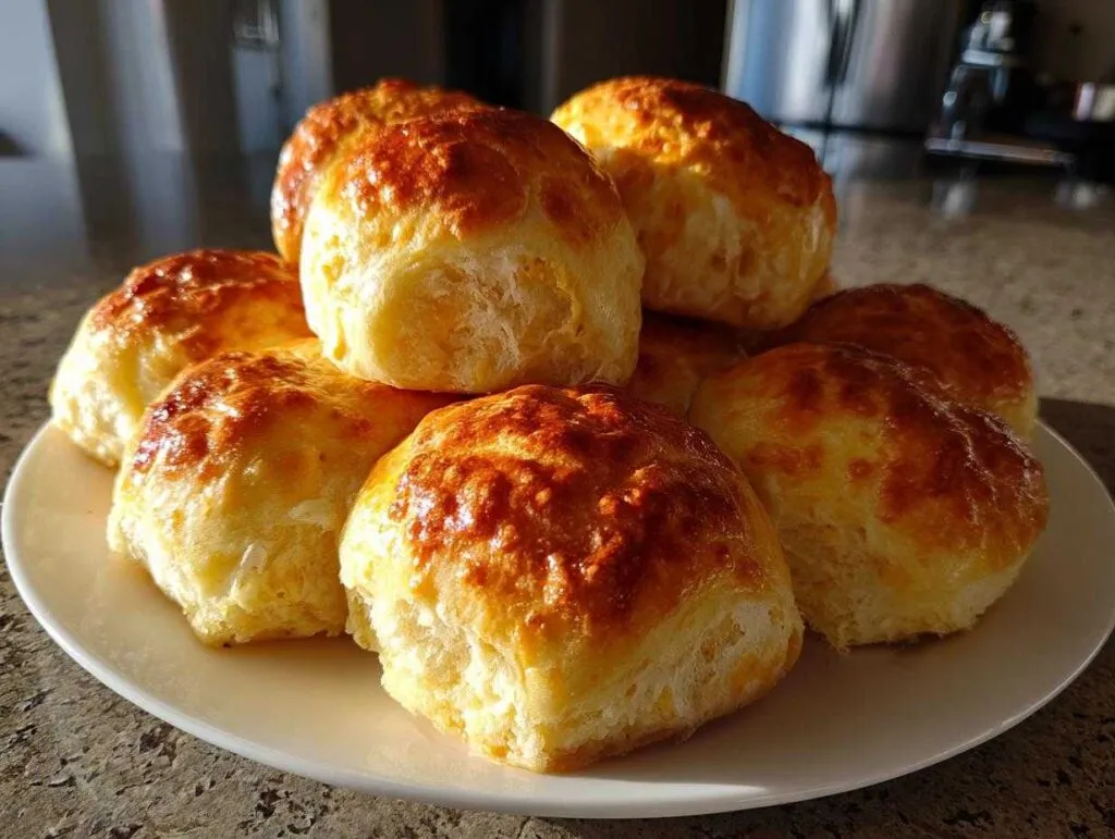 A stack of golden brown, fluffy sweet potato rolls with a shiny glaze piled on a white plate.