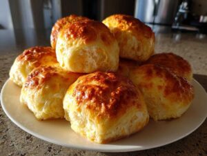 A stack of golden brown, fluffy sweet potato rolls with a shiny glaze piled on a white plate.