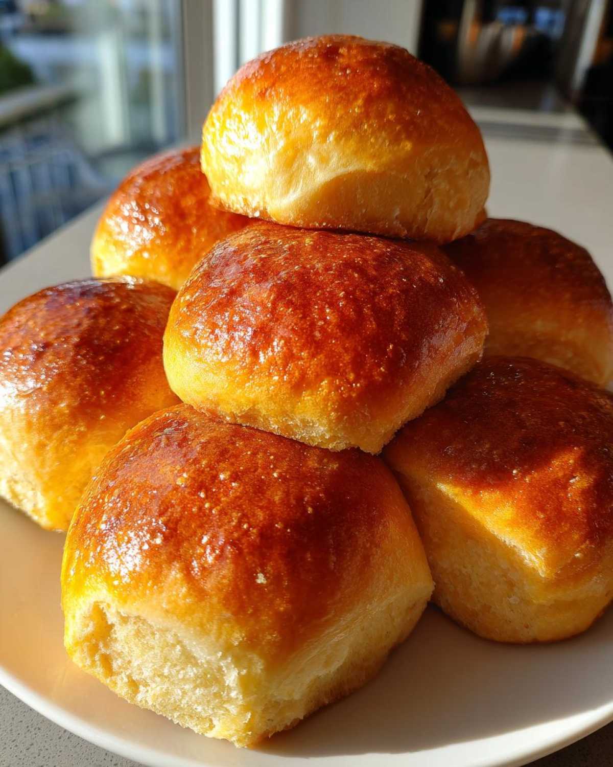 A stack of six golden brown, glossy sweet potato rolls piled on a white plate.