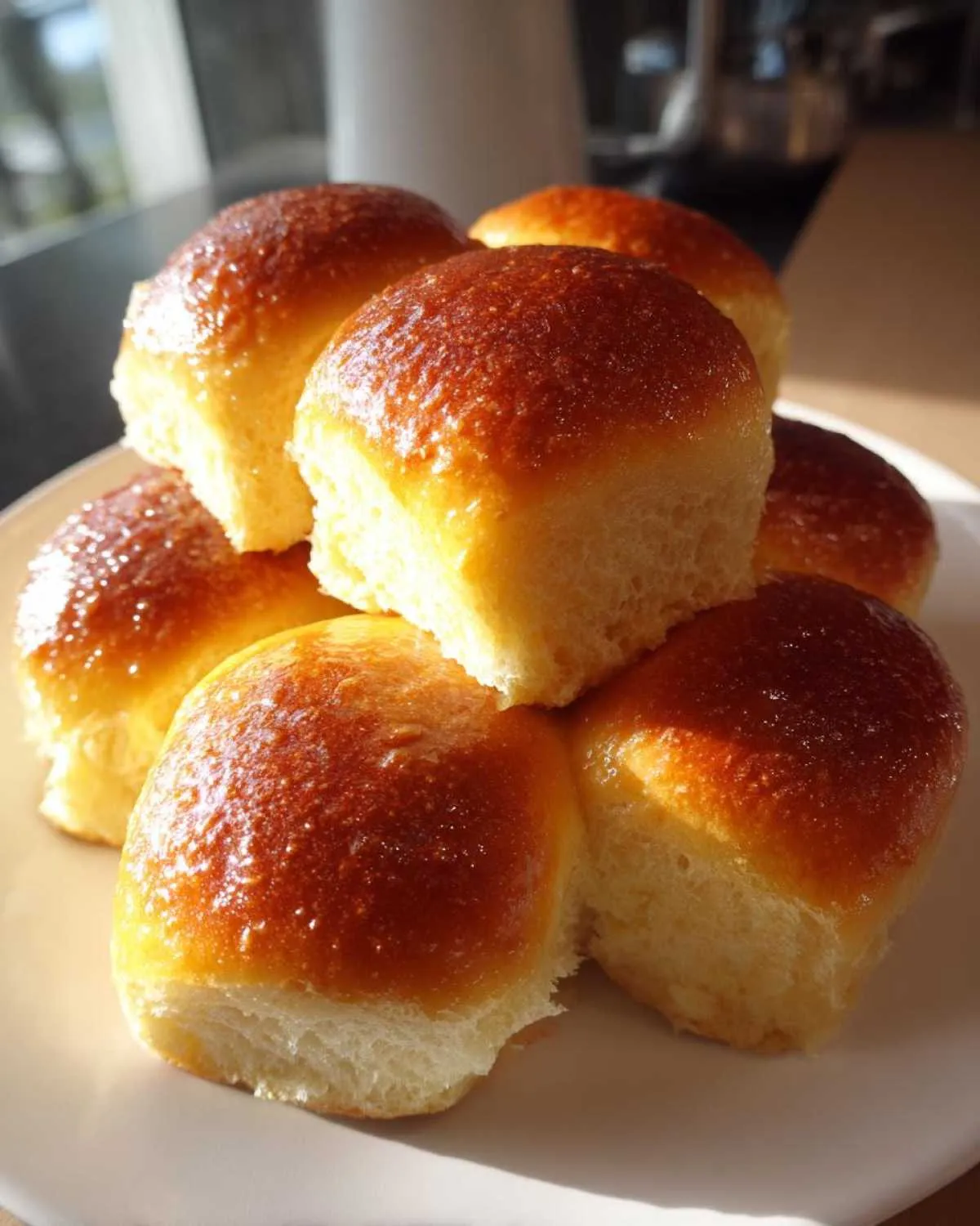A stack of fluffy sweet potato rolls with a shiny, golden-brown glaze piled on a white plate.