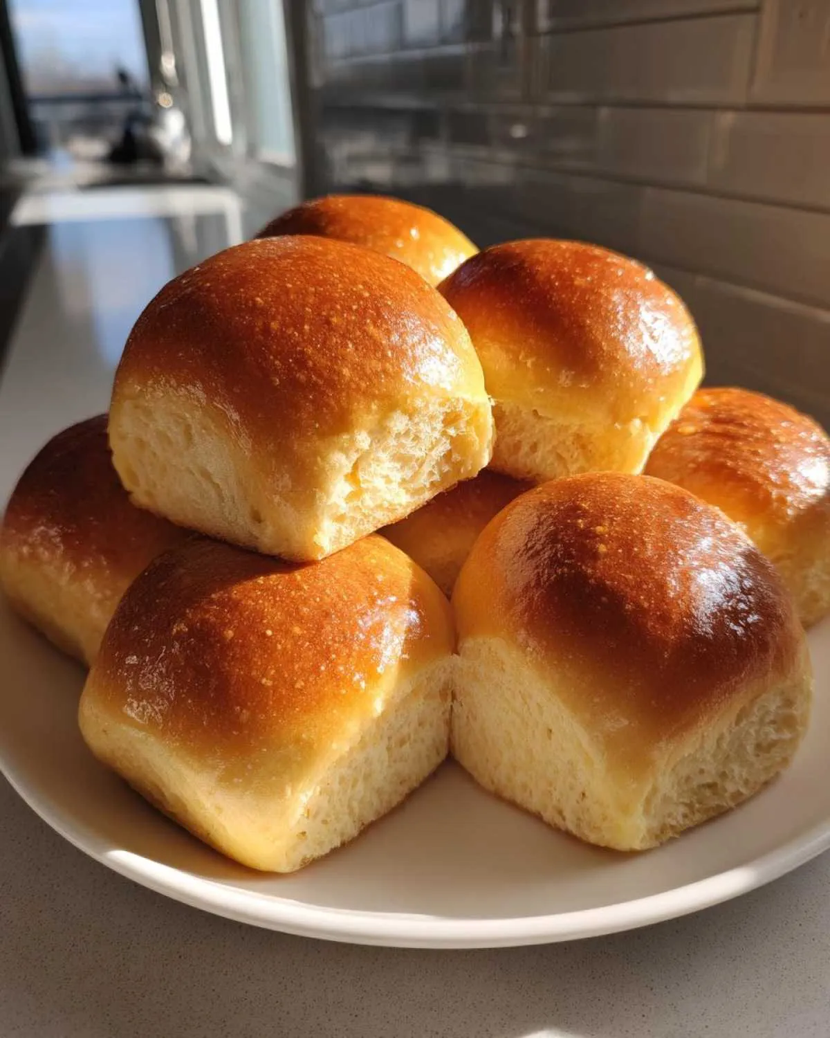 A stack of freshly baked, golden-brown fluffy sweet potato rolls piled high on a white plate.