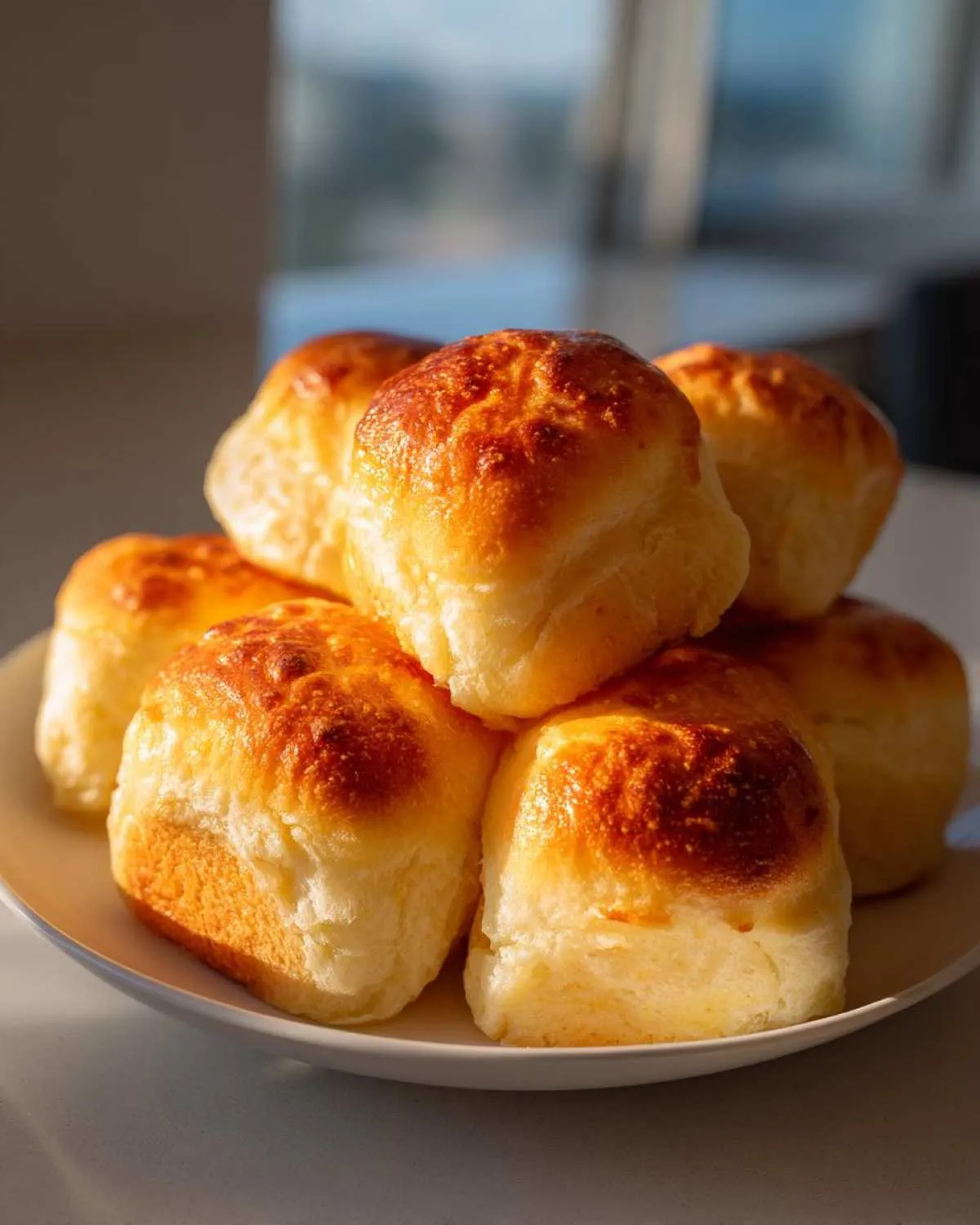 A stack of six golden-brown, fluffy sweet potato rolls piled high on a white plate.