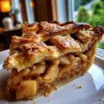A close-up of a thick slice of apple pie recipe with a golden lattice crust and rich apple filling.