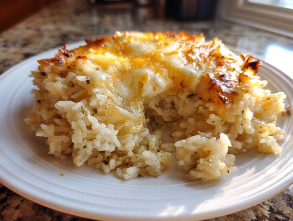 A serving of french onion butter rice topped with golden, melted, and slightly browned cheese.