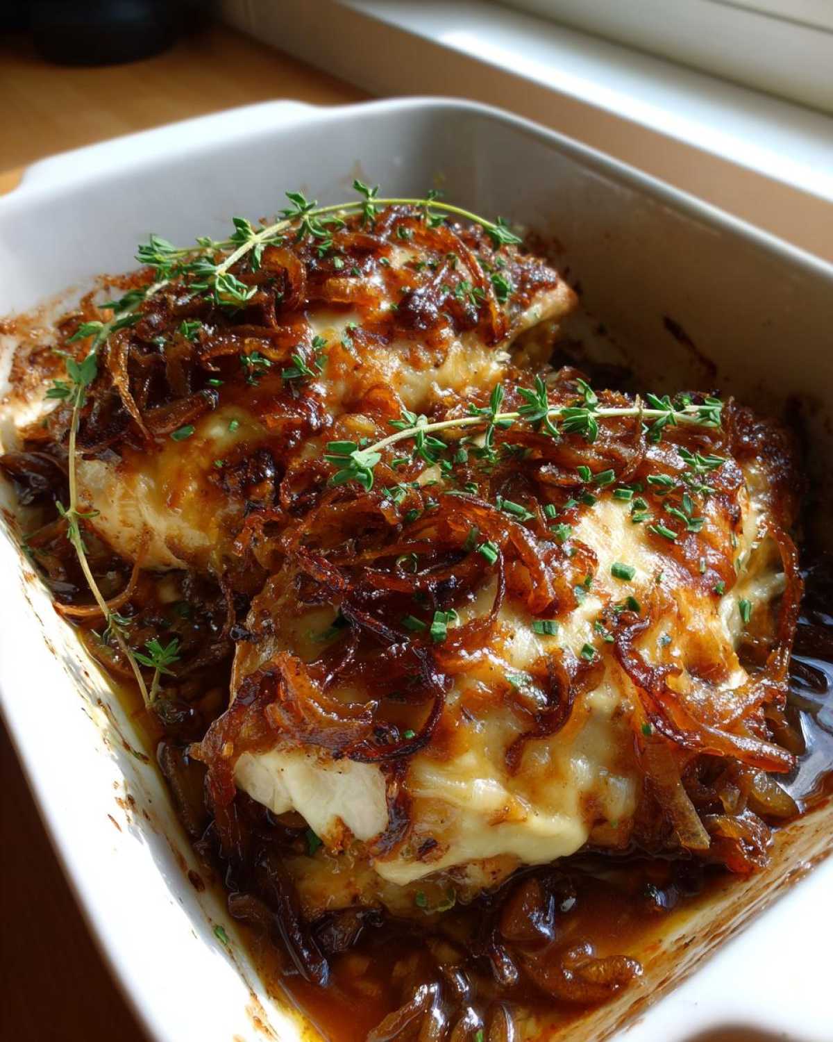 Two pieces of french onion chicken baked in a white dish, topped with melted cheese and crispy onions.