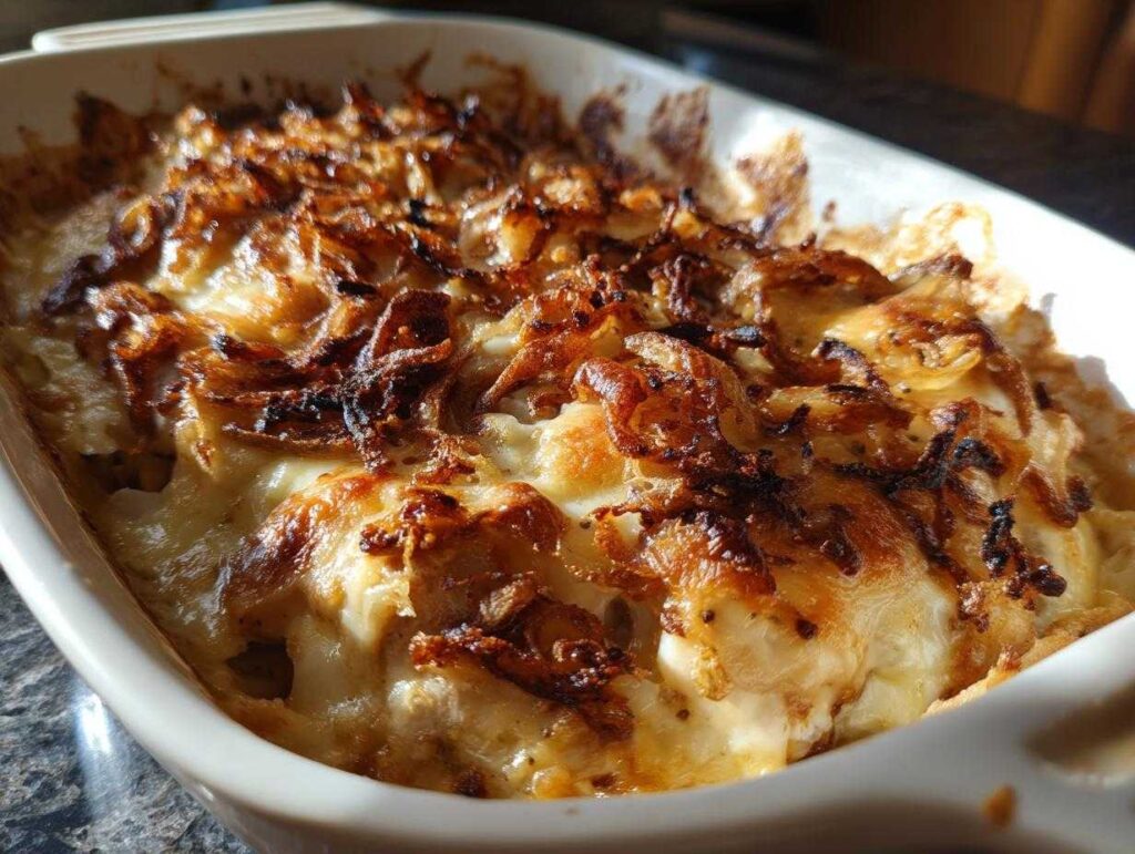Close-up of a bubbling french onion chicken bake topped with melted cheese and crispy fried onions.
