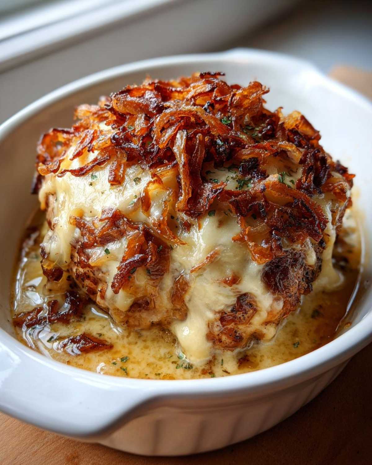 Close-up of baked french onion chicken topped with melted cheese and crispy fried onions.