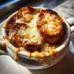 Close-up of a rich french onion soup topped with melted, bubbly Gruyère cheese over toasted bread.