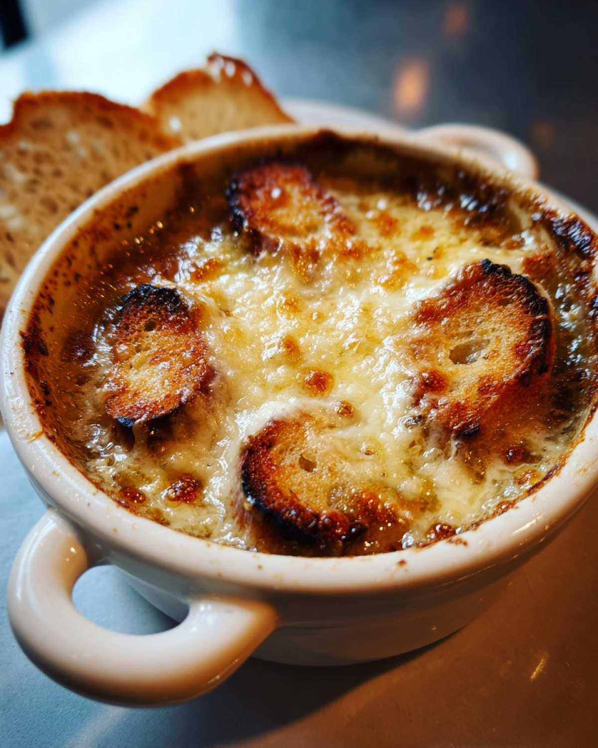 Close-up of a white crock filled with bubbling French onion soup topped with melted, browned cheese and croutons.